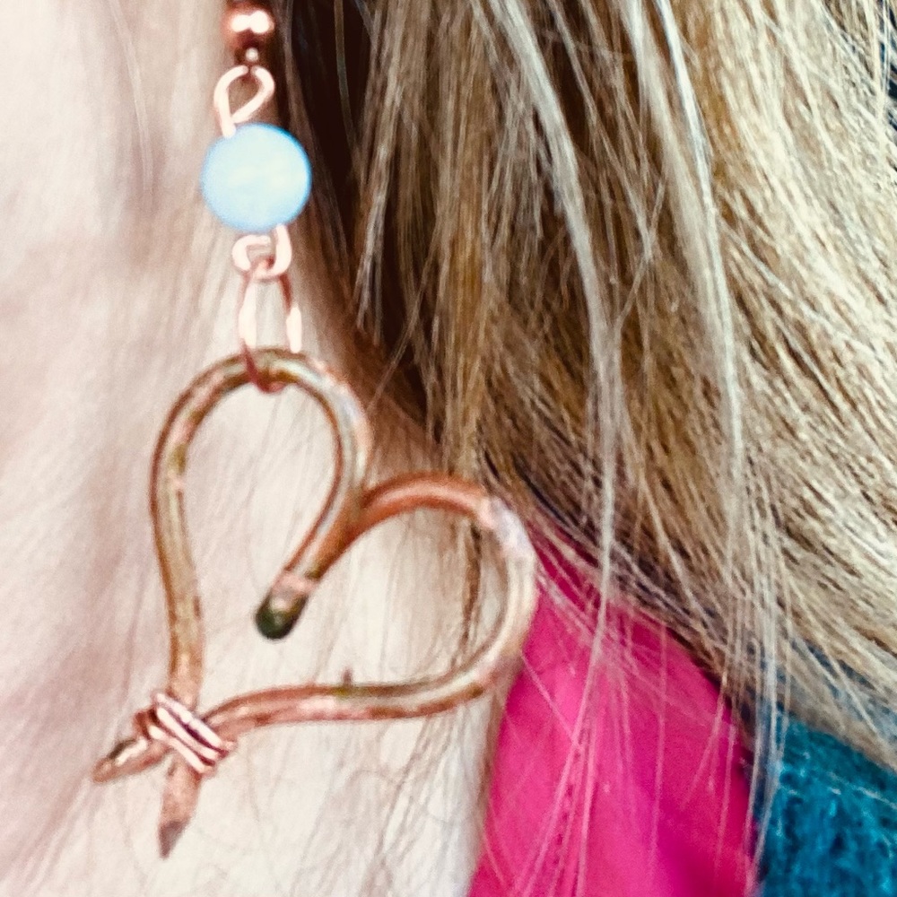 Copper and aquamarine heart drop earrings hypo allergenic hooks